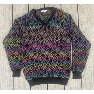 Vintage Rainbow Geometric Knit Sweater V-Neck Black Unisex S Lisa Frank